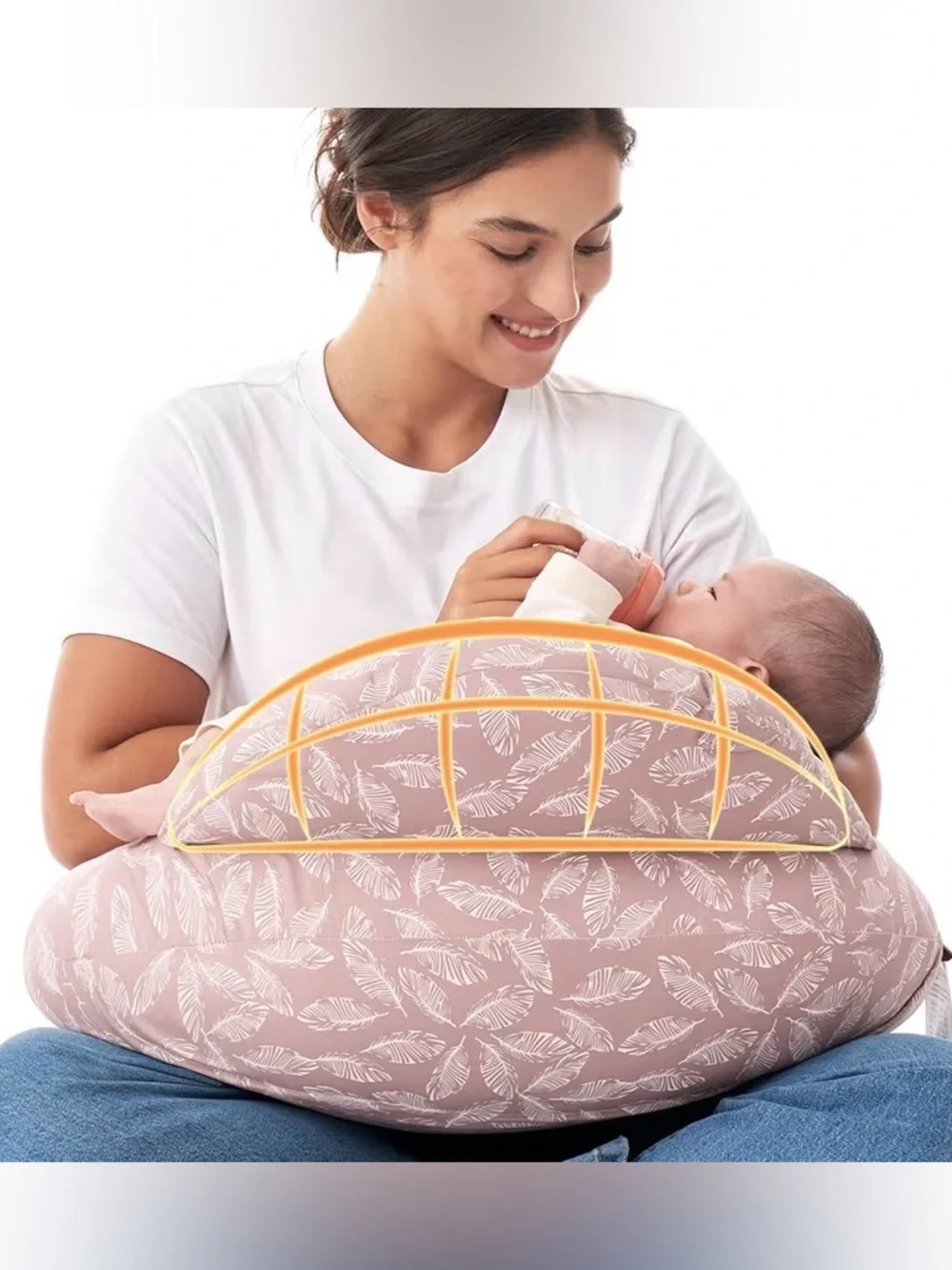 NWT - Momcozy - Nursing Pillow with feathers Print in pink & white -Pink Snuggle